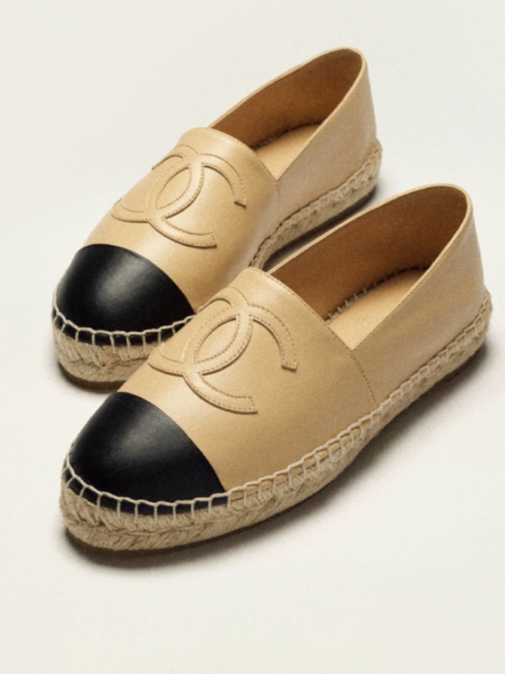 CHANEL Beige Leather Espadrille with Black Cap Toe new no box - Brand new